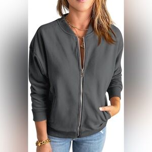 GeGekoko. Zip Up Bomber Sweatshirt. Dark Gray. Size Small.